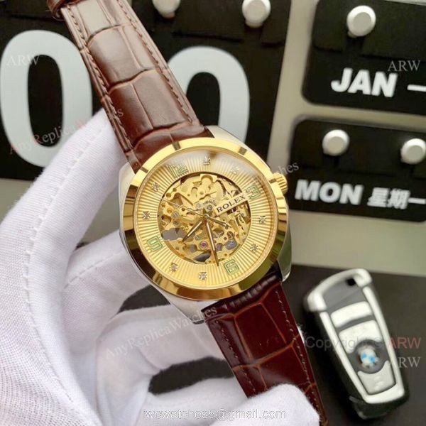Rolex Geneve Cellini Replica Watch Tourbilln Face Brown Leather Strap 1