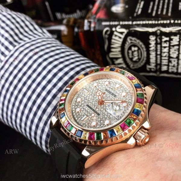 Rolex Yachtmaster Rose Gold Replica Watch Diamond Pave Dial Rainbow Bezel 116695 1
