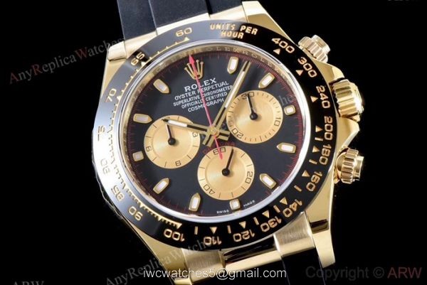 Rolex Daytona Swiss 4130 V2 Yellow Gold Black Rubber Strap Watch AR Replica Watches 1