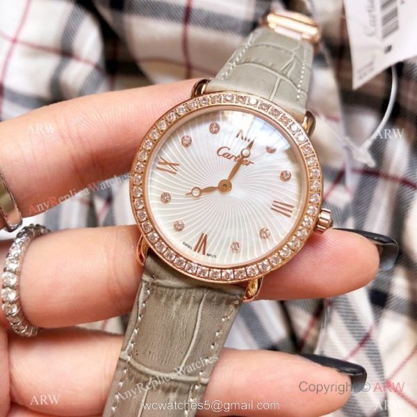 Japan Grade Replica Cartier SS Gray Leather Strap Watch 1