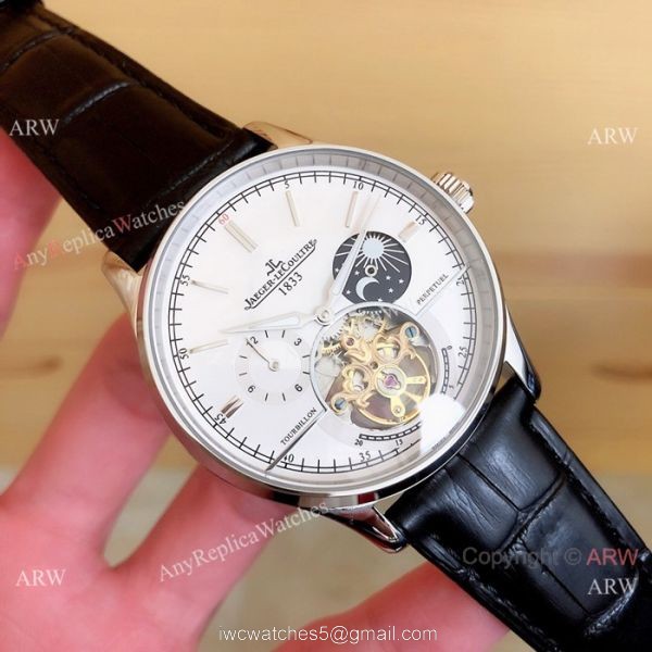 Fake Jaeger LeCoultre Master Tourbillon Moonphase Watch Black Leather Band 1