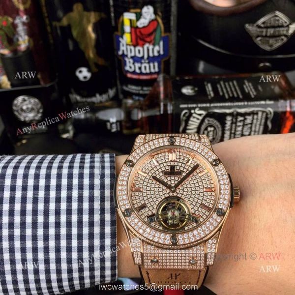 Iced Out Hublot Classic Fusion Watch Replica Rose Gold Gray Gummy Strap 1