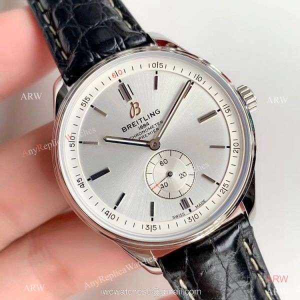 Swiss ETA Breitling Premier Replica Watch Silver Dial Black Leather Strap 1
