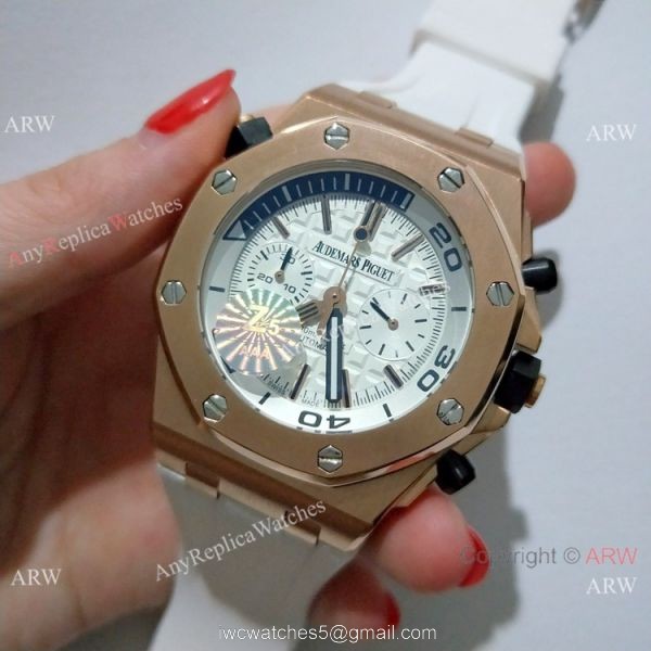 New CopyRoyal Oak Offshore Diver Chronograph 42mm Watch Rose Gold White Dial 1