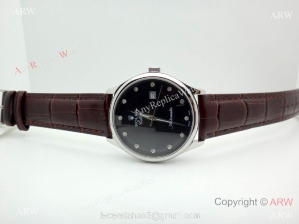Buy Copy Rolex Geneve Cellini Black Watch Brown Leather strap 1