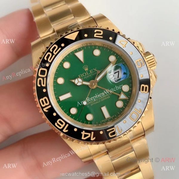 (EW) Replica Rolex GMT Master II Swiss ETA 2836 Yellow Gold Green Dial Watch 1