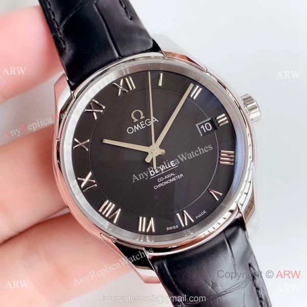 VS Factory Replica Omega De Ville Co-Axial Swiss 8500 Watch SS Black Leather Band 1