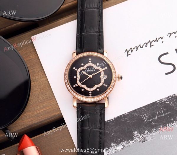 Copy Cartier Red Leather Strap Rose Gold Diamond Quartz Watch 35mm 1