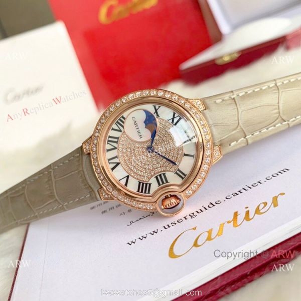 Ballon Bleu de Cartier 36mm Replica Watches Gold Diamond Green Leather Band 1