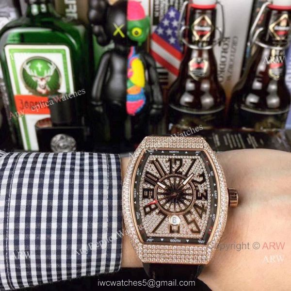 Swiss Quality Franck Muller Vanguard Yachting v45 Watch Rose Gold Diamond Blue Gummy strap 1