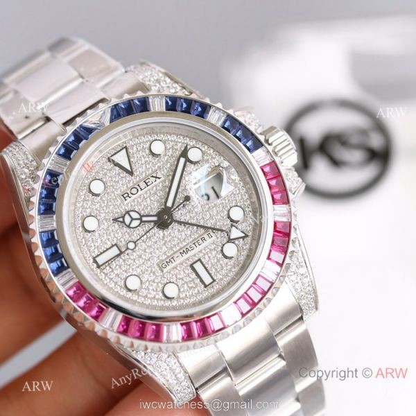 Swiss Grade 1 Copy Rolex GMT Master 2 Rainbow Bezel KSF 316L Stainless Steel Watch 40mm 1