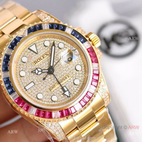 Swiss Grade 1 Replica Rolex GMT Master 2 Rainbow Yellow Gold Watch KSF Eta2836 1