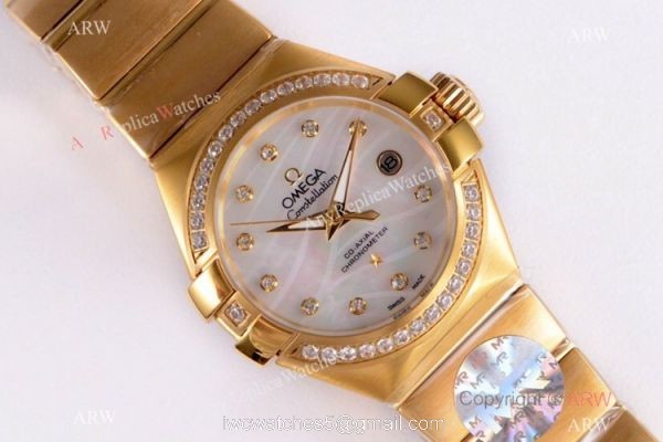 Swiss Replica Omega Constellation 27mm Watch Yellow Gold Pink MOP Dial 1