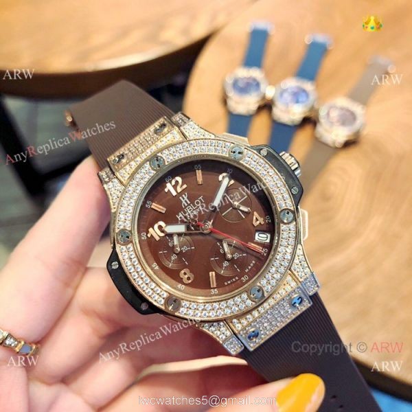 Copy Hublot Big Bang Rose Gold Diamond Blue Dial Watches 1