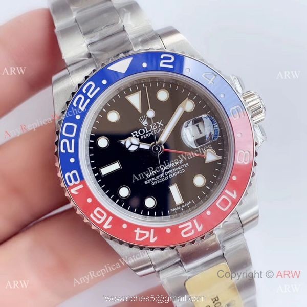 UN factory/904L/Swiss 3285 Rolex Gmt Master II Pepsi Replica Watch Black Dial Oyster Band 1