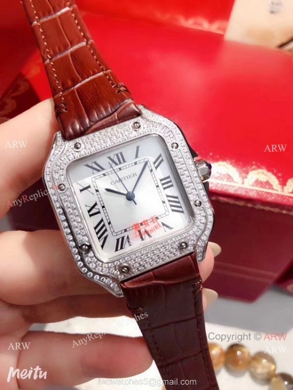 Cartier Santos 100 Diamond Replica Watch SS Diamond Case Blue Leather Strap 1