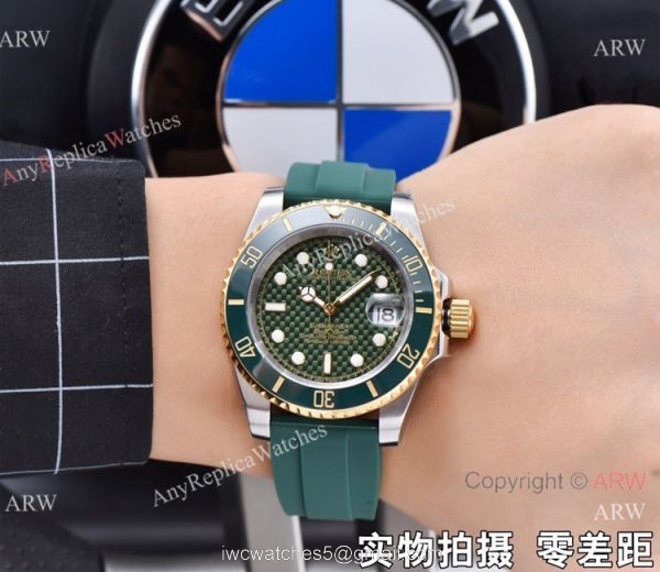 Copy Rolex Submariner Date 2 Tone Green Rubber Strap Watch 41mm 1