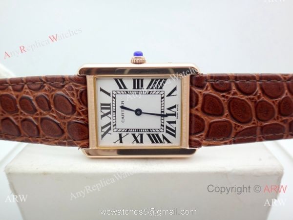 Replica Cartier Tank Solo Rose Gold Brown Leather Strap Watch 27mm 1