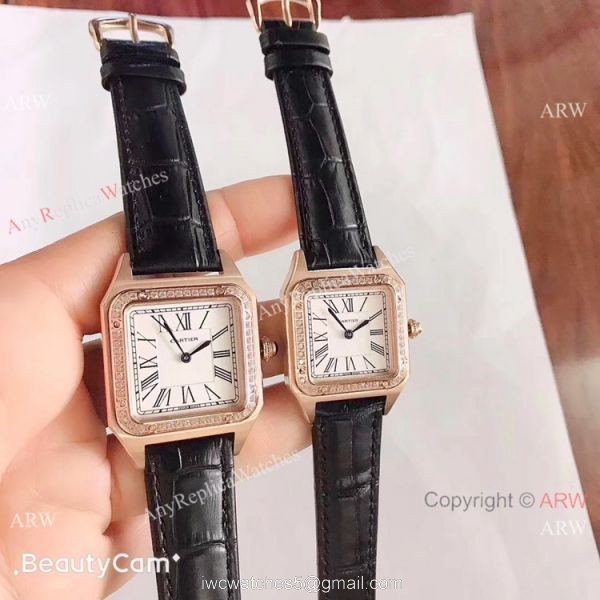 2019 New Cartier Santos Diamond Replica Watch Black Leather Strap Gold Bezel 1