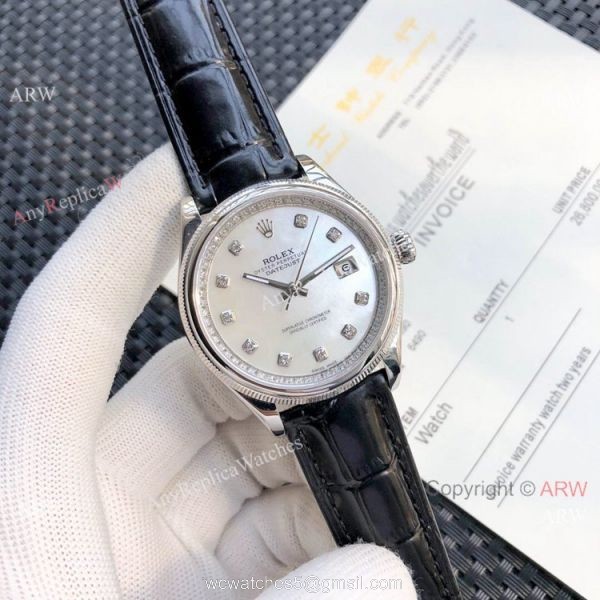 Rolex Datejust White MOP Black Leather Strap Watch Replica 1
