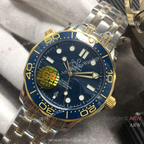 GB Factory Seamaster Diver 300M James Bond Replica Watch 2-Tone Blue Ceramic Omega 8800 Movement 1