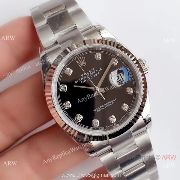 Swiss Replica Rolex Datejust EW Factory 3235 316L Watch Stainless Steel Black Diamond Dial 1
