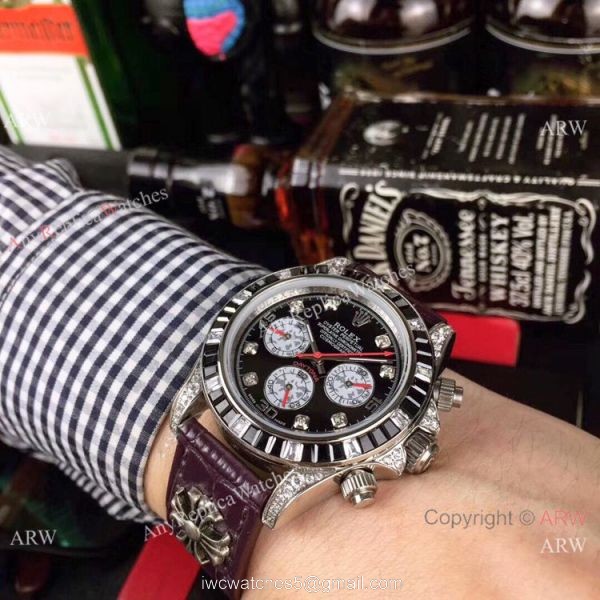 Rolex Daytona Rainbow Replica Automatic Watch Black Dial Purple Leather Strap 1