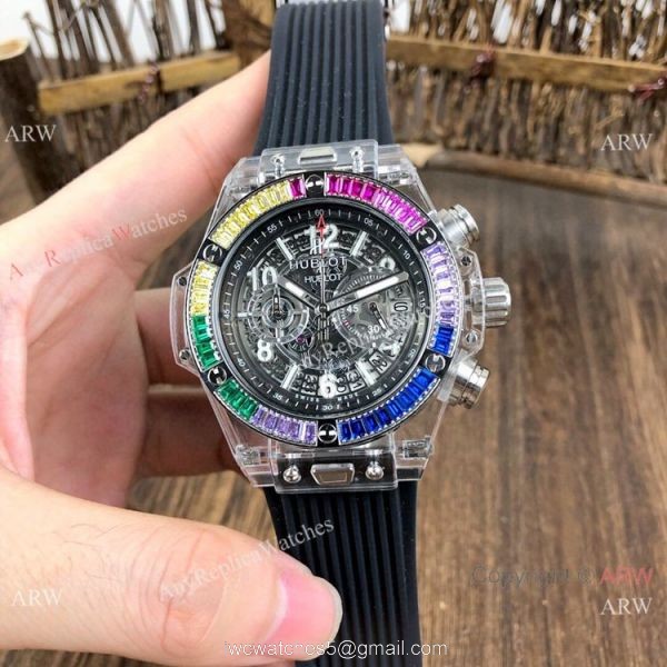 Hublot Big Bang Unico Replica Watches Rainbow Bezel Skeleton Dial Hublot Clear Watch 1