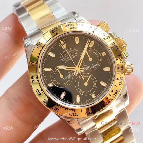 1:1 Best Replica Rolex Daytona 2 Tone Black Dial Watch Noob Factory 904L 4130 1