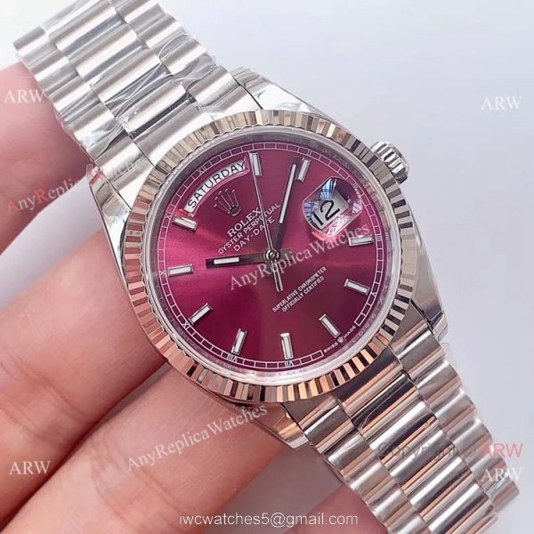 (EW)Swiss 3255 Replica Presidential Rolex Day-Date 36mm Watch Stainless Steel Red Dial 1