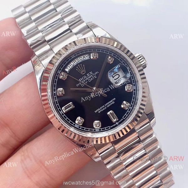 (EW)AAA Fake Rolex Presidential Day-Date Black Dial Stainless Steel Watch Swiss 3255 Movement 1