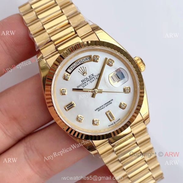 (EW Factory )Rolex Oyster Perpetual Day Date Fake Watch All Gold White MOP Dial 36mm 1