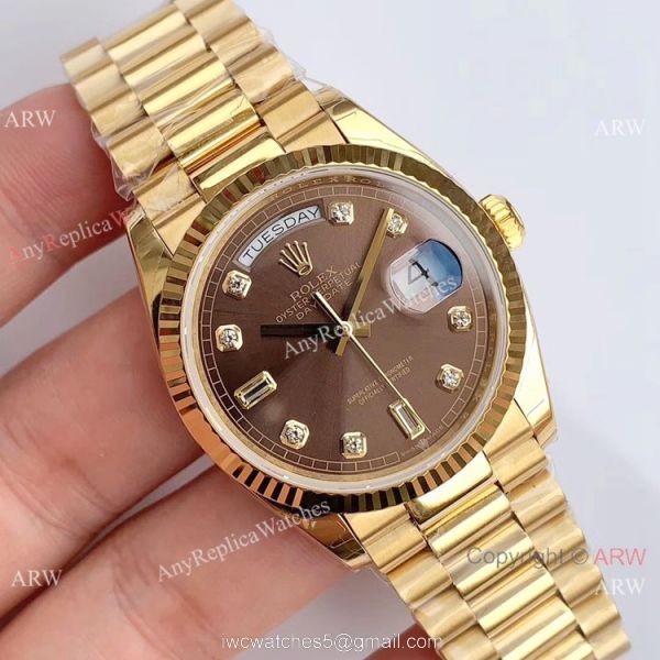 (EW Factory )Rolex Oyster Perpetual Day Date Fake Watch ETA3255 Gold President Brown Diamond Dial 1