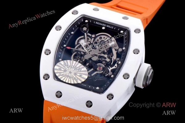 KV Factory Swiss Replica Richard Mille Bubba Watson RM 055 White Ceramic Automatic Watch Orange Rubber Band 1