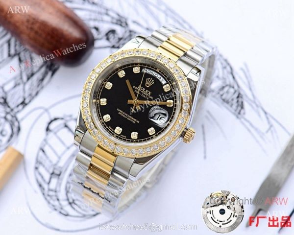 NEW UPGRADED Fake Presidential Rolex DayDate 2 Black diamond Dial Watch 41mm 1