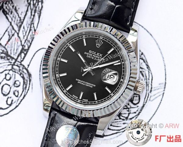 NEW UPGRADED Clone Rolex Datejust II 41mm Watch Black Dial Black Leather Strap 1
