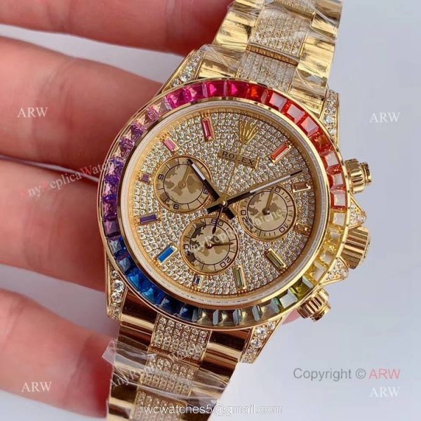 JH Factroy New Gold Rolex Daytona Rainbow Diamonds Watch Replica Swiss Cal 4130 1