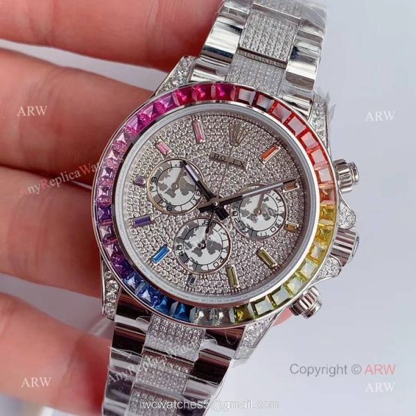 JH Factroy New Rolex Daytona Rainbow Full Pave Diamond Replica Watch Swiss 4130 Movement 1