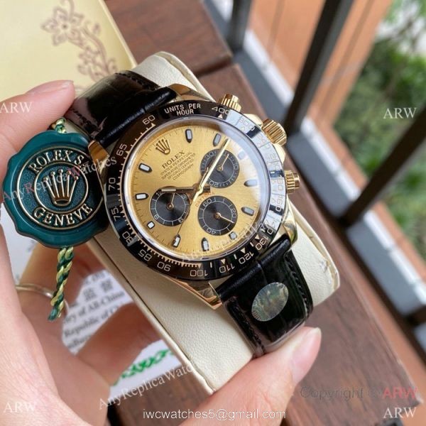 Knock off Rolex Daytona Watch Gold Case Black Ceramic Bezel Men Size 1
