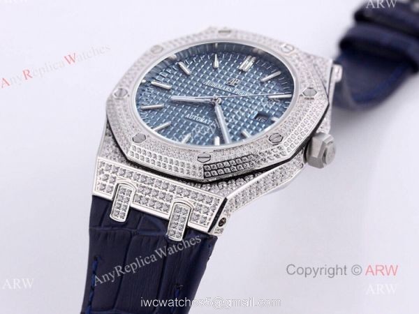 Swiss Replica Iced Out Audemars Piguet Royal Oak Blue Dial Watch Blue Leather Strap 1