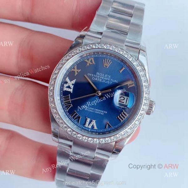 (EW) Swiss 3235 Replica Rolex Datejust Blue Dial 36mm Watch With Diamond Bezel 1