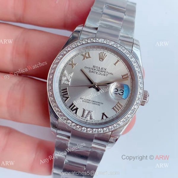 (EW) Swiss Replica Rolex Datejust Stainless Steel Silver Dial Diamond Watch 36mm 1