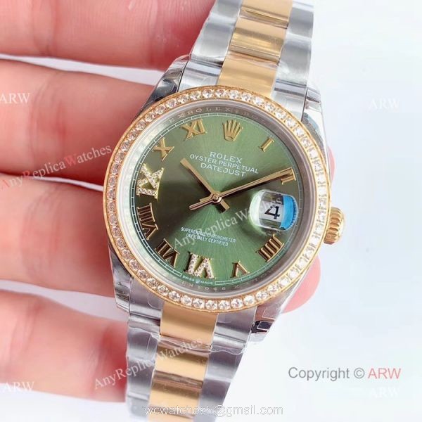 (EW) Swiss Replica Rolex Oyster Perpetual Datejust Green Dial Diamond Watches 1