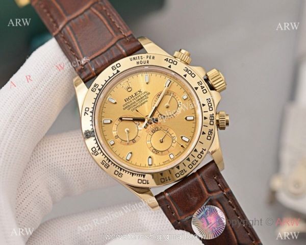 Best Replica Rolex Daytona watch Gold Dial with Diamond Leather Strap 1
