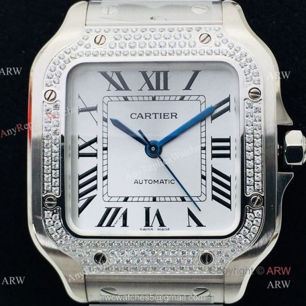 BV Factory 1:1 Copy Ladies Cartier Santos De Cartier Silver Diamond Watch 1