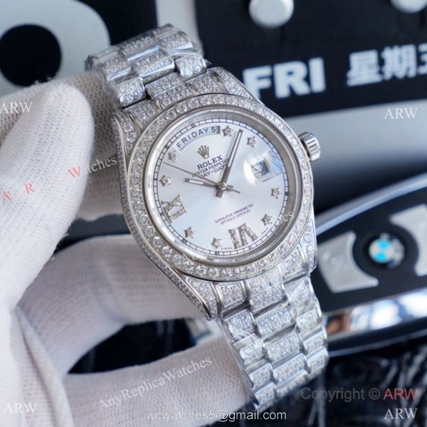 Replica Rolex Day Date II Watches Stainless Steel Iced Out Diamond Case 1