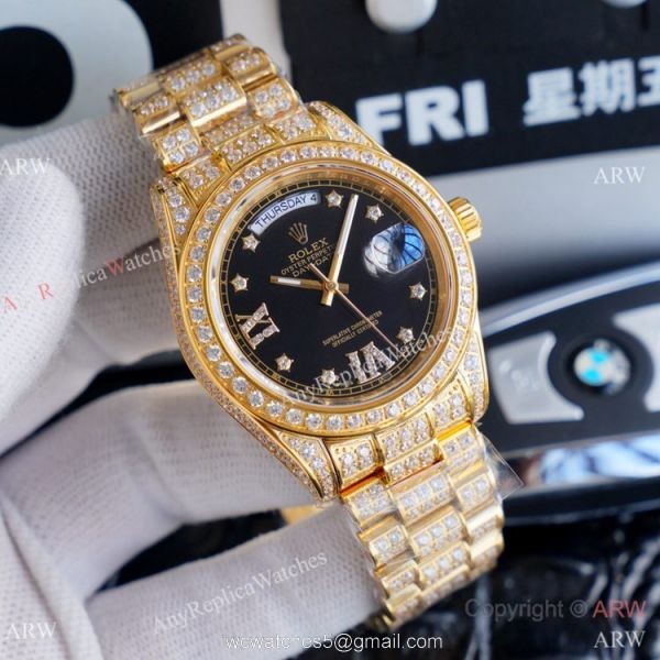 Replica Rolex Day Date II Watches Gold Iced Out Diamond Silver Dial 1