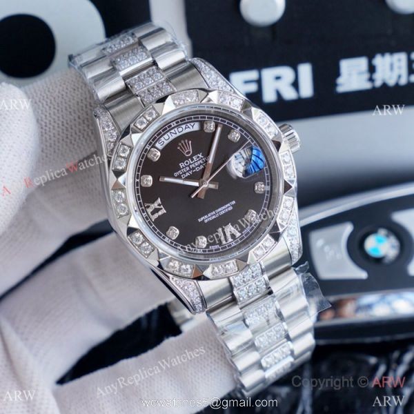 High Quality Replica Rolex Day Date II Iced Out Silver Dial Watches 41mm 1
