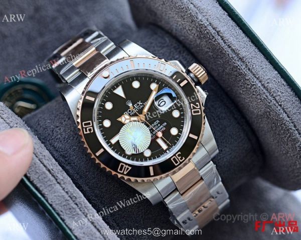 Copy Rolex Submariner Date Watch Two Tone Rose Gold Black Dial Black Ceramic Bezel 1