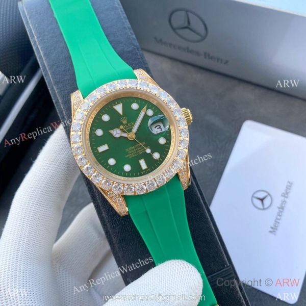 Top Replica Rolex Submariner Iced Out Diamond Watches 40mm Gold Case Blue Rubber Strap 1
